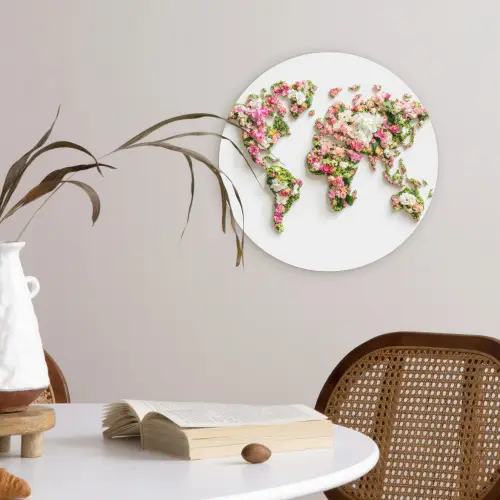 Wereldkaart - Bloemen - Subtiel Wandcirkel plexiglas klein -sfeer4