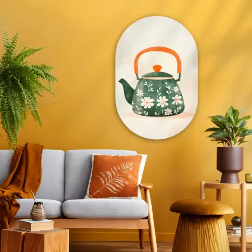 Theepot - Groen - Bloemen - Oranje Wandcirkel Ovaal Glas middel -sfeer4