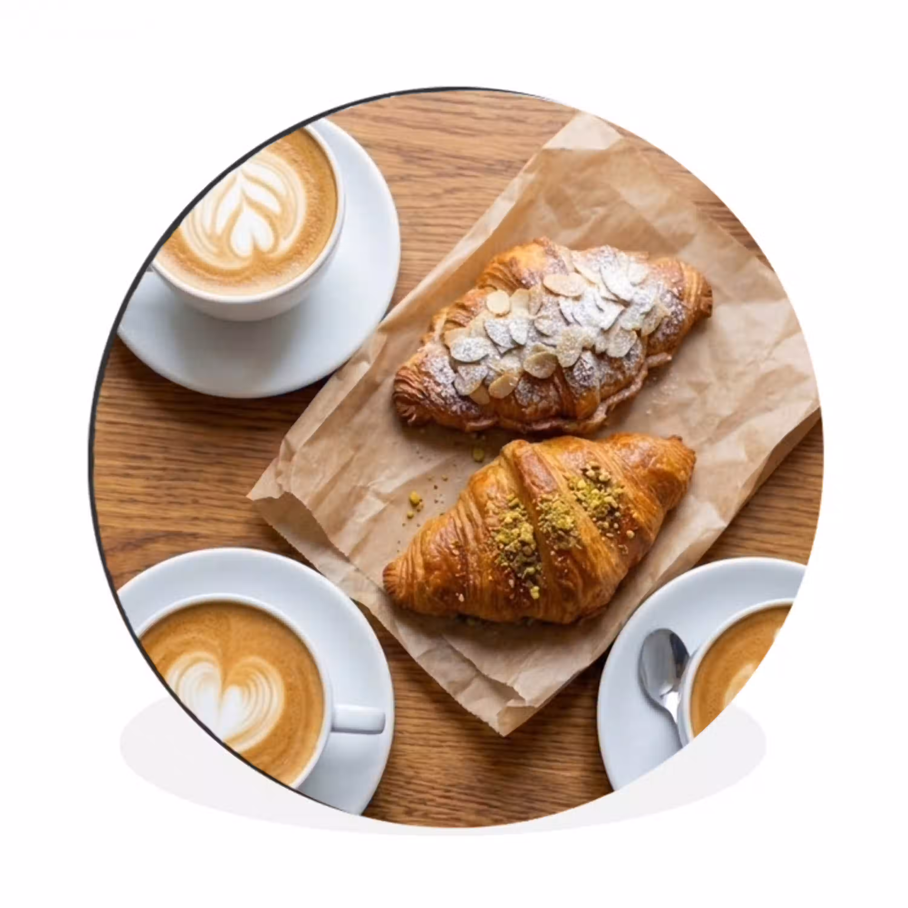 Eten - Croissant - Koffie - Ontbijt - Modern Wandcirkel aluminium klein -3d