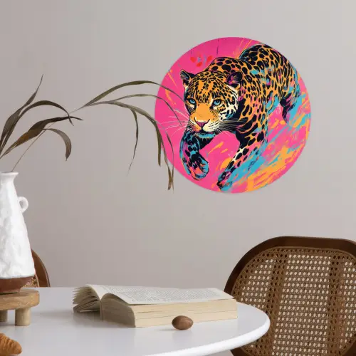 Luipaard - Roze - Oranje - Blauw - Verf Wandcirkel behangsticker klein -sfeer3