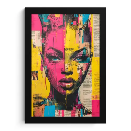 Vrouwengezicht - Krantenpapier - Abstract - Roze fotolijst zwart zonder passe partout klein -3d