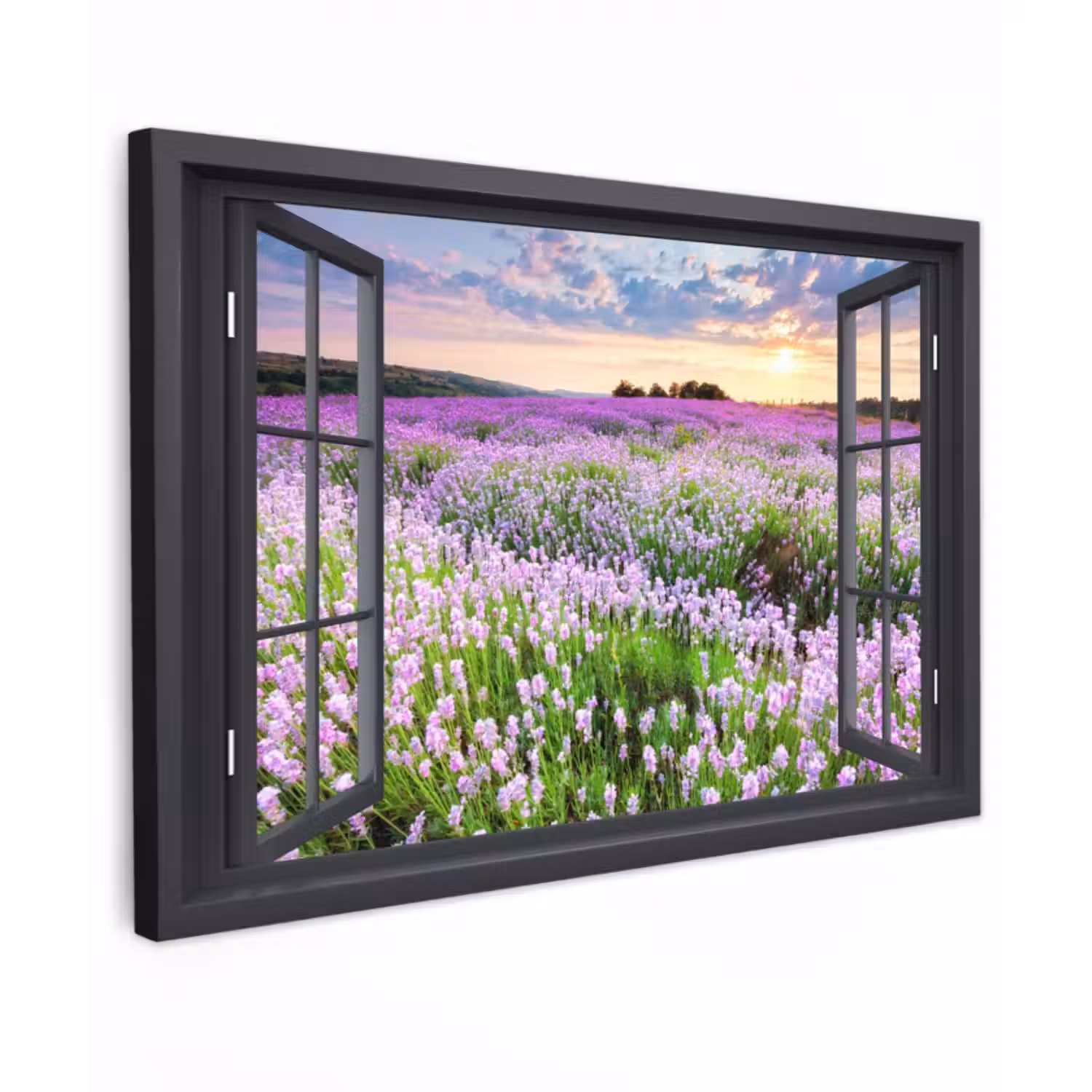 Outdoor Leinwand - Blick auf das Lavendelfeld bei Sonnenuntergang