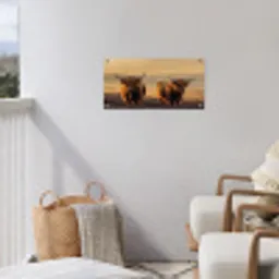 Schotse hooglanders - Heide - Landschap - Dieren tuinposter los doek klein -sfeer8