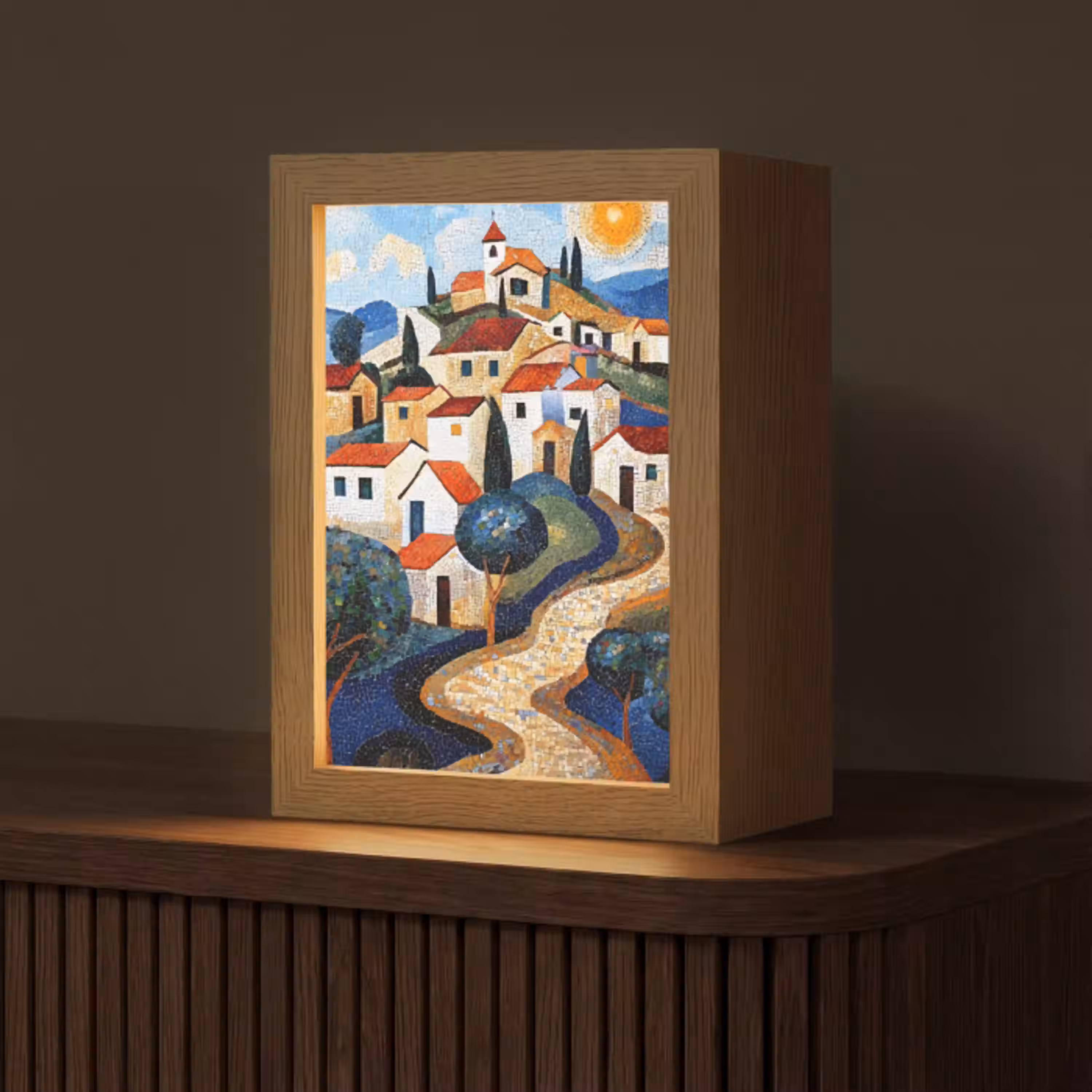 Dorp - Heuvelachtig - Zon - Mozaïek Light Box met kabel (Tafellamp) klein -z3d_website