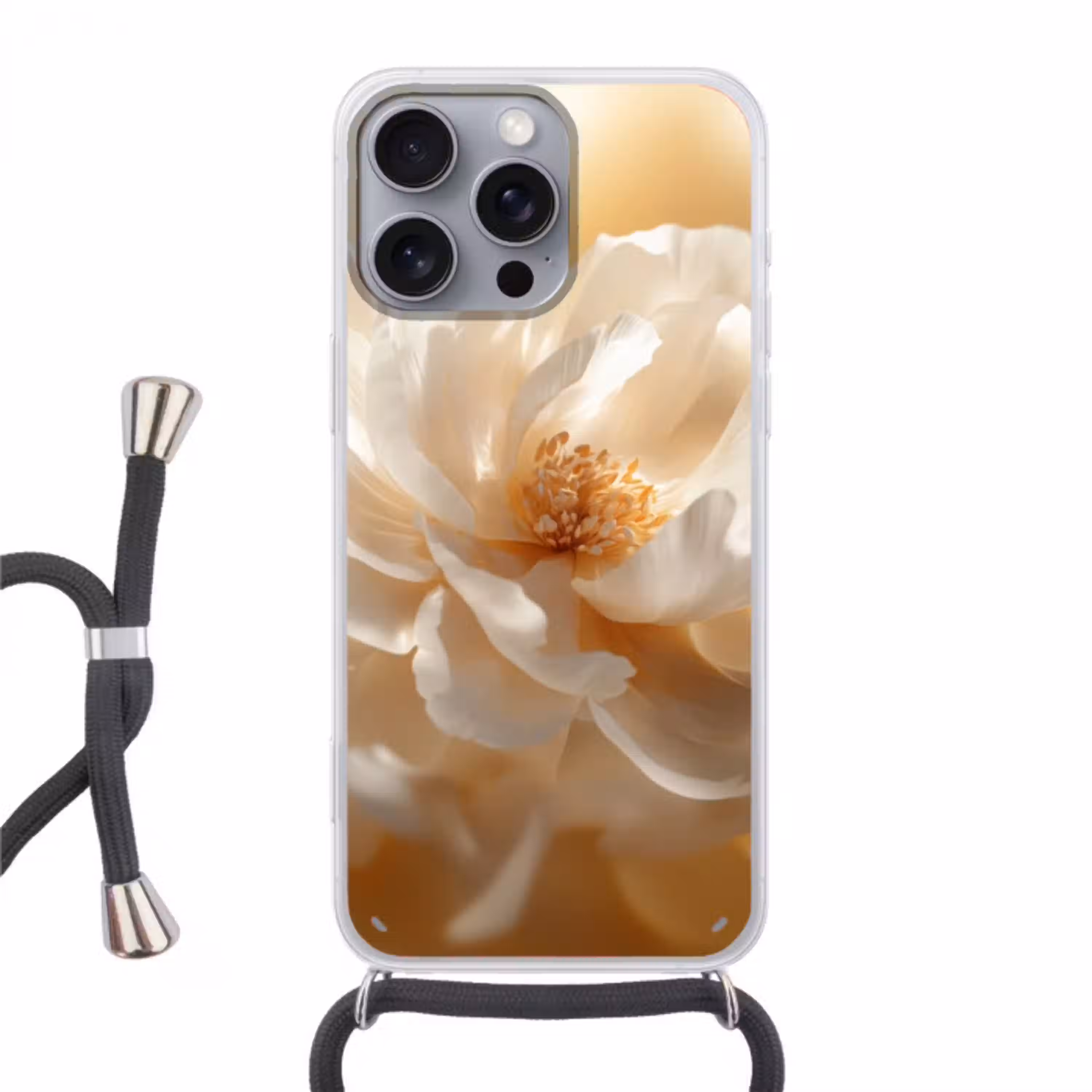 Close up - Pioenroos - Wit Hoesje iPhone 16 Pro Max met koord klein -3d