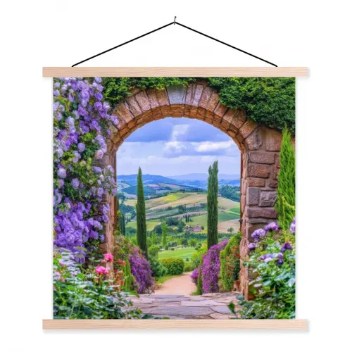 Doorkijk - Toscane - Landschap - Poort textielposter latten blank klein -3d