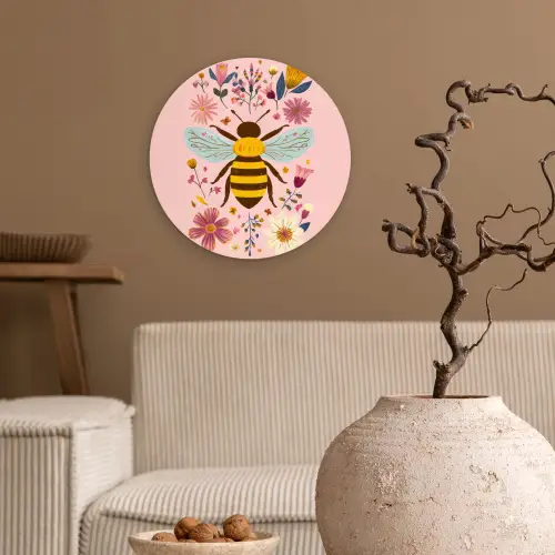 Bij - Geel - Bloemen - Kleurrijk Wandcirkel kunststof plaat 5mm dik klein -sfeer1