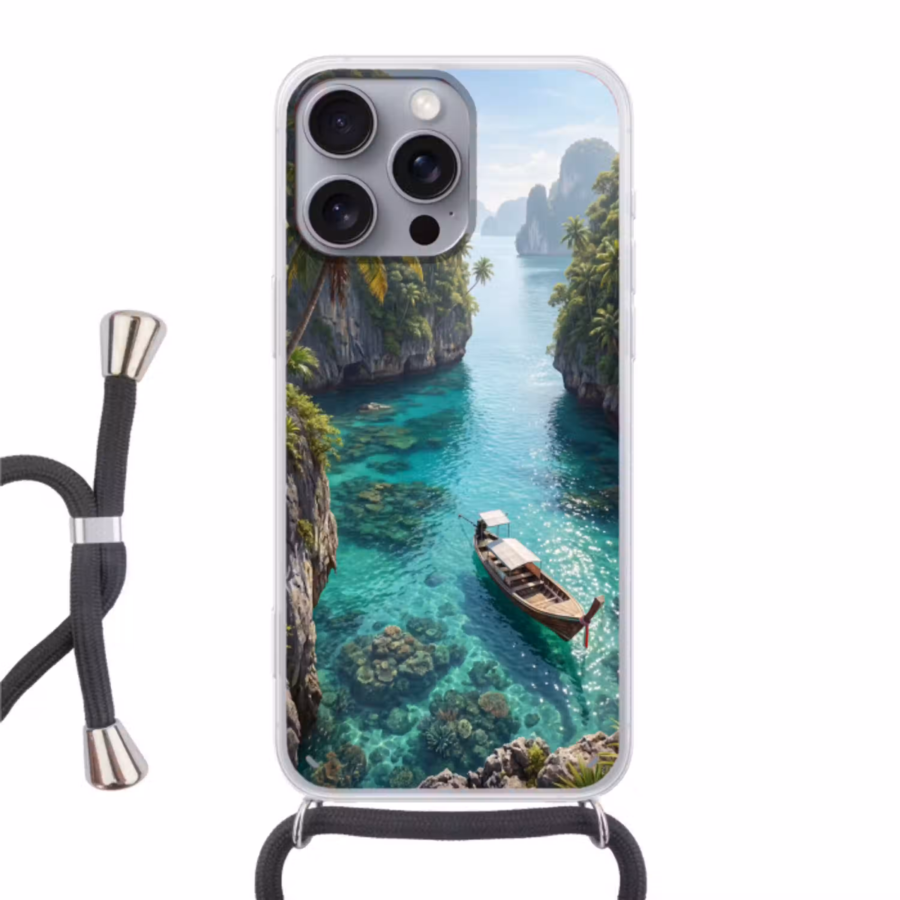 Eiland - Tropisch - Water - Palmbomen - Natuur Hoesje iPhone 16 Pro Max met koord klein -3d