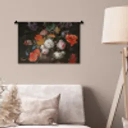 Stilleven met bloemen en een horloge - Schilderij van Abraham Mignon Wandkleed katoen klein -sfeer4