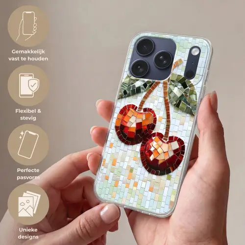 Kersen - Rood - Mozaïek - Blaadjes Telefoonhoesje iPhone 17 Pro klein -sfeer3_NL