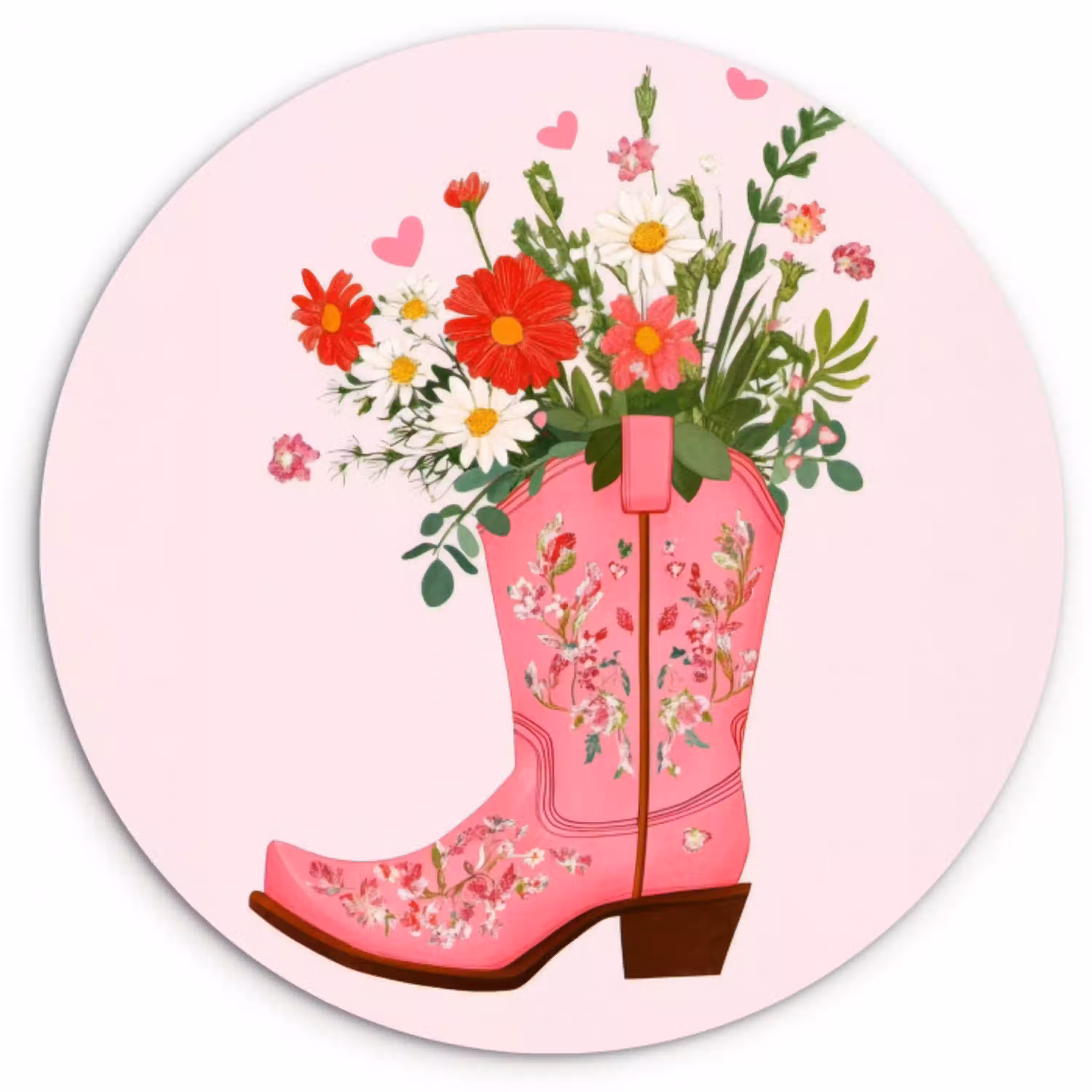 Cowboylaarzen - Roze - Boeket - Bloemen Wandcirkel kunststof plaat 5mm dik klein -3d