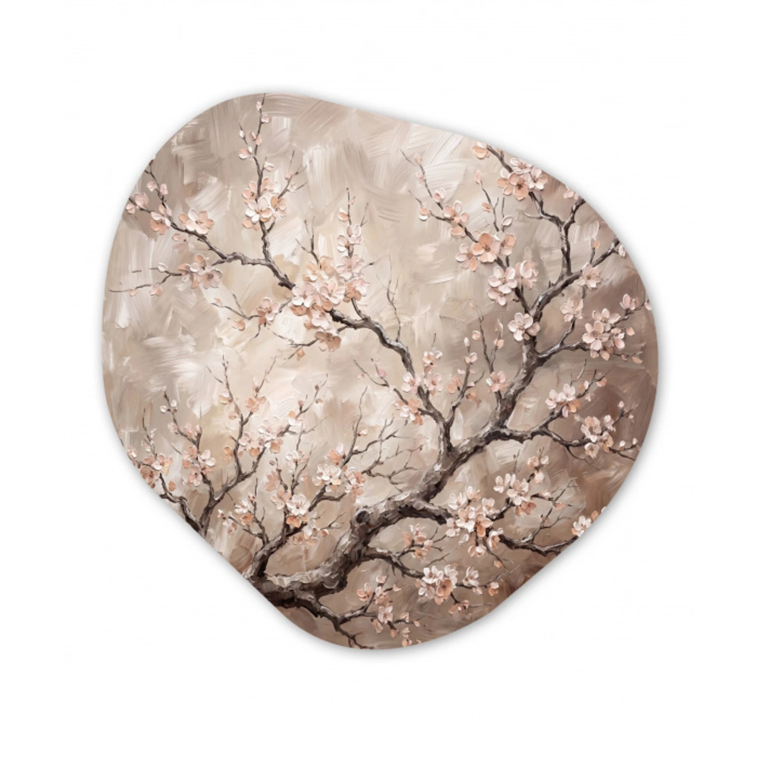 Bloesem - Takken - Schilderij - Beige - Serene Wandcirkel Organisch Aluminium middel -3d