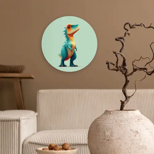Cartoon - Dino - Oranje - Stekels Wandcirkel kunststof plaat 5mm dik klein -sfeer1