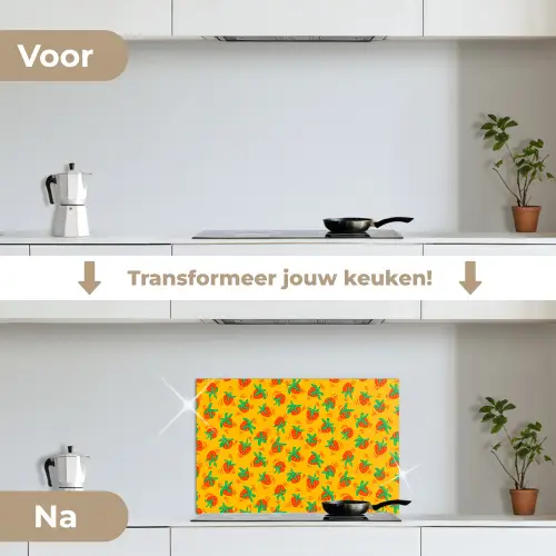 Geel - Aardbei - Patroon keuken achterwand spatscherm klein 900 -voor_na_NL