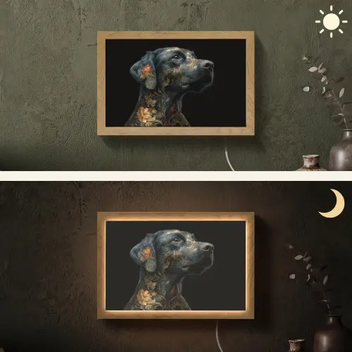 Hond - Zwart - Bloemen Light Box met kabel (Wandlamp) klein -sfeer3