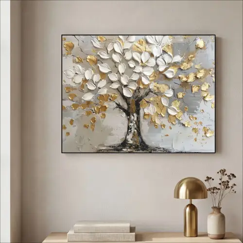 Boom - Beige - Grijs - Goud - Abstract Textielframe zwart klein -sfeer2