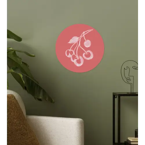 Lijnillustratie - Kersen - Tak - Wit Wandcirkel behangsticker klein -sfeer2