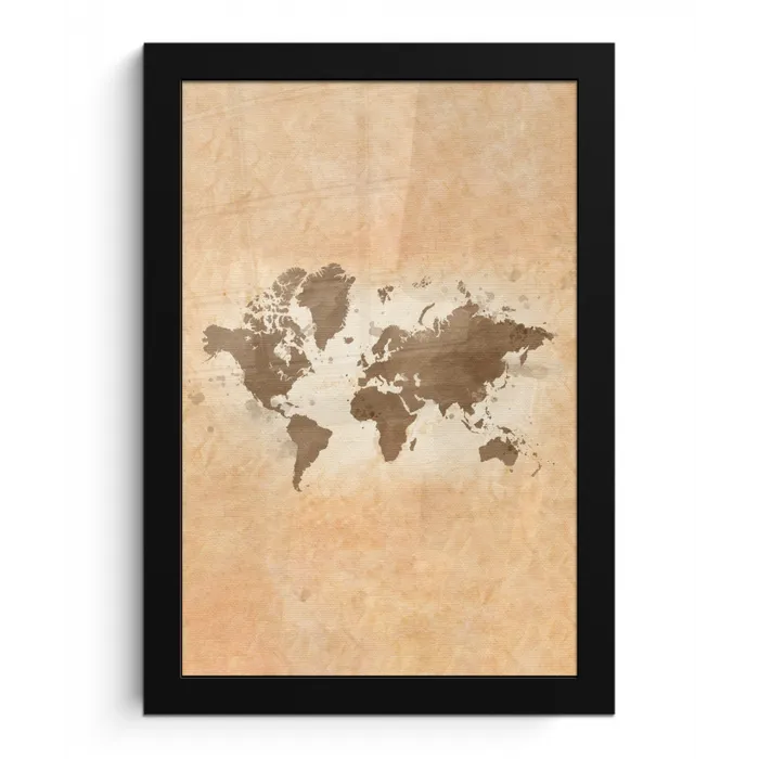 Wereldkaart - Beige - Bruin fotolijst zwart zonder passe partout klein -3d