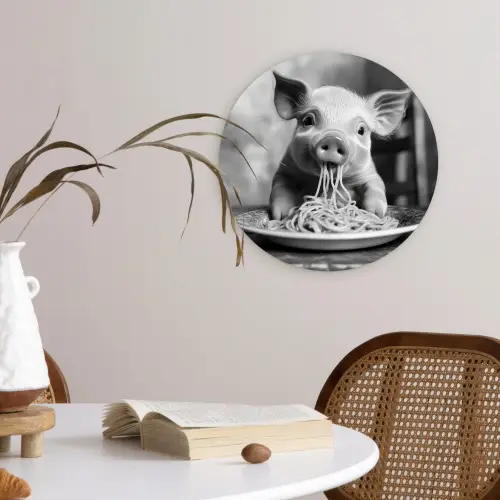 Varken - Schattig - Spaghetti - Zwart wit - Dier Wandcirkel plexiglas klein -sfeer4