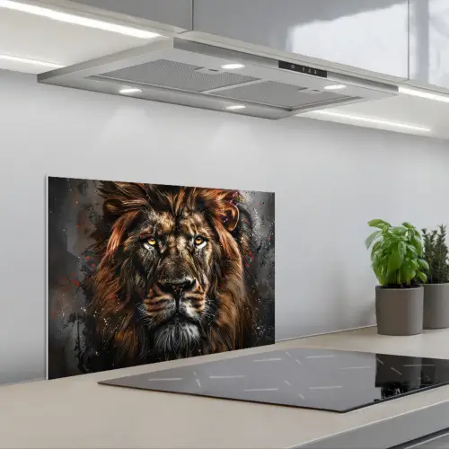 Leeuw - Dieren - Portret - Zwart - Luxe keuken achterwand spatscherm klein -3d_schuin