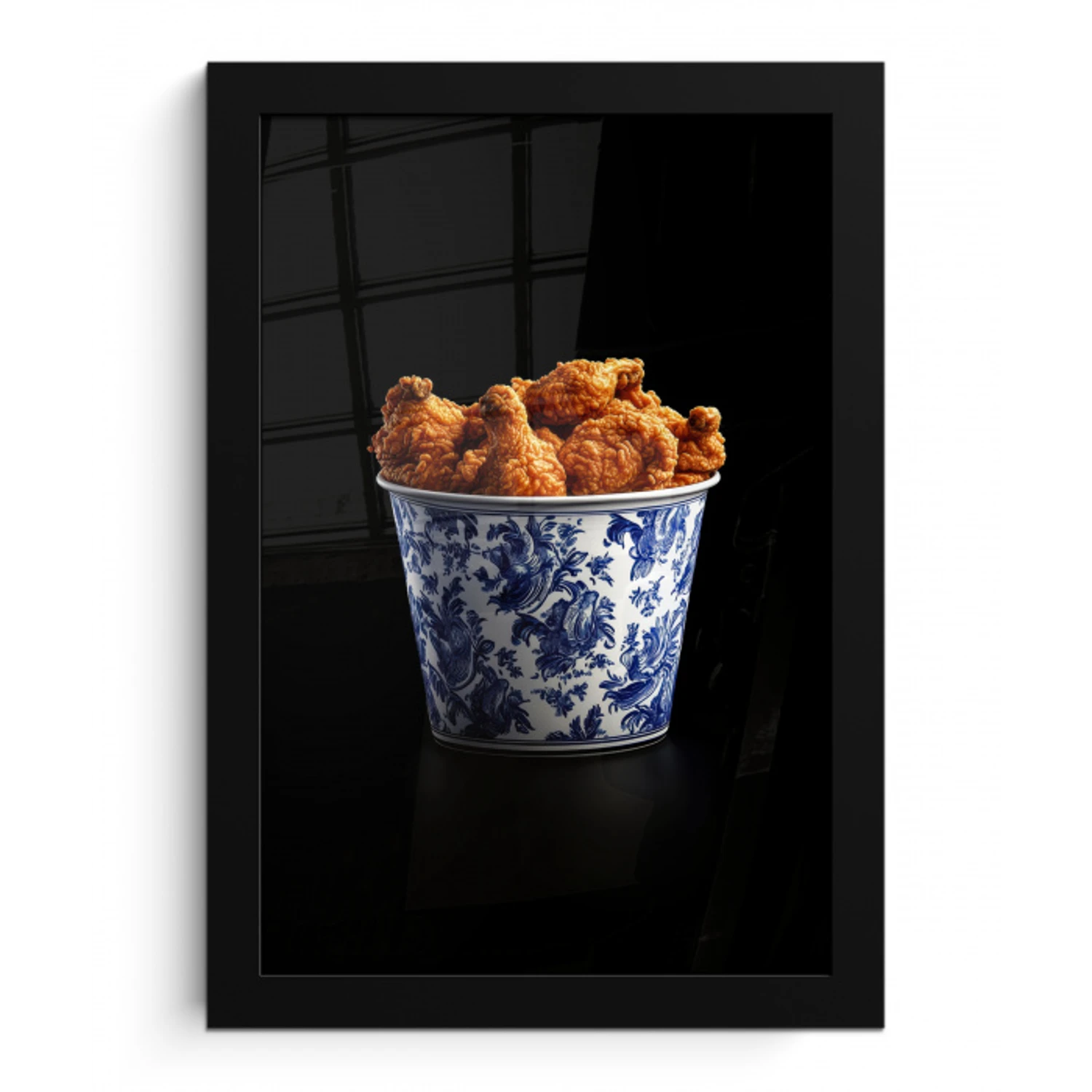 Kip - Bucket - Delfts blauw - Lekker fotolijst zwart zonder passe partout klein -3d