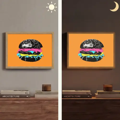 Hamburger - Oranje - Neon - popart Light Box met batterij (Wandlamp) middel -sfeer3
