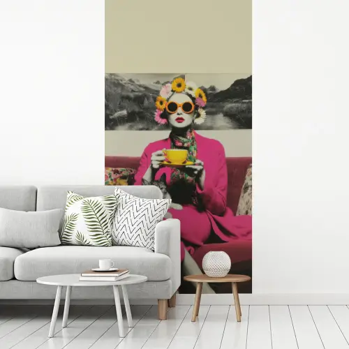 Vrouw - Kat - Bloemen - Kopje - Retro fotobehang vinyl groot -woonkamer