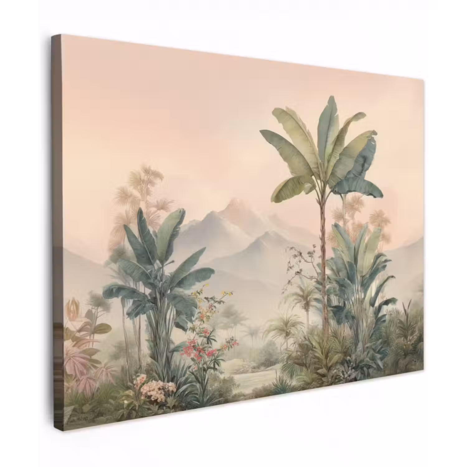 Leinwandbild - Tropische Landschaft - Palmen - Blumen - Rosa Himmel