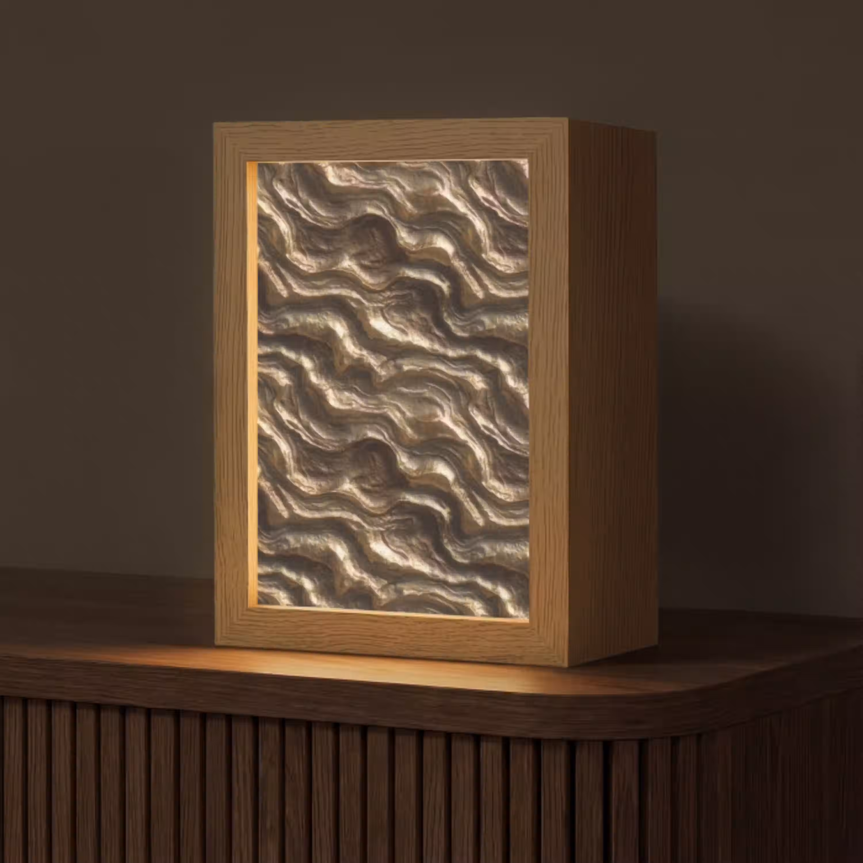 Reliëf - Golven - Abstract - Bronsgoud Light Box met kabel (Tafellamp) klein 925 -z3d_website