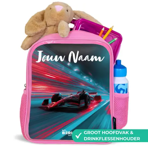 Formule 1 - Raceauto - Rood - Neonverlichting Kinderrugzak - Roze middel -inhoud_NL