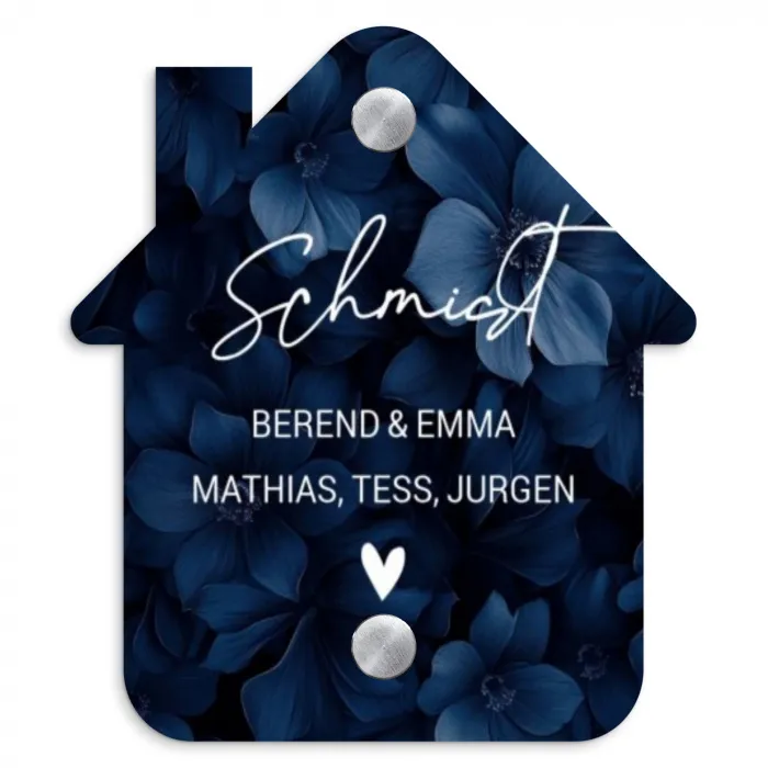 Blauwe bloemen - Sierlijk Naambord Huisje klein -3d