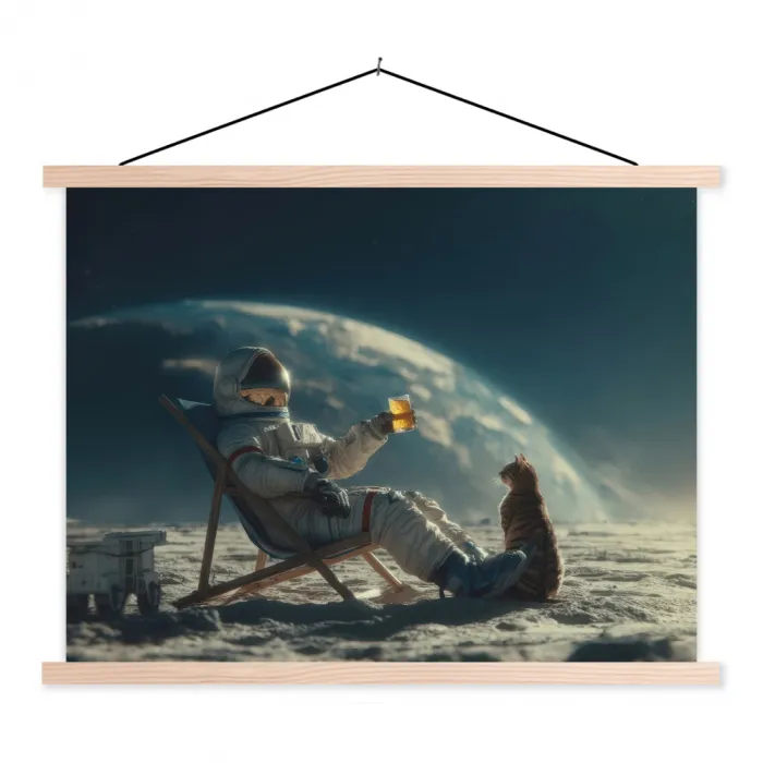 Astronaut - Kat - Glas - Stoel textielposter latten blank klein -3d
