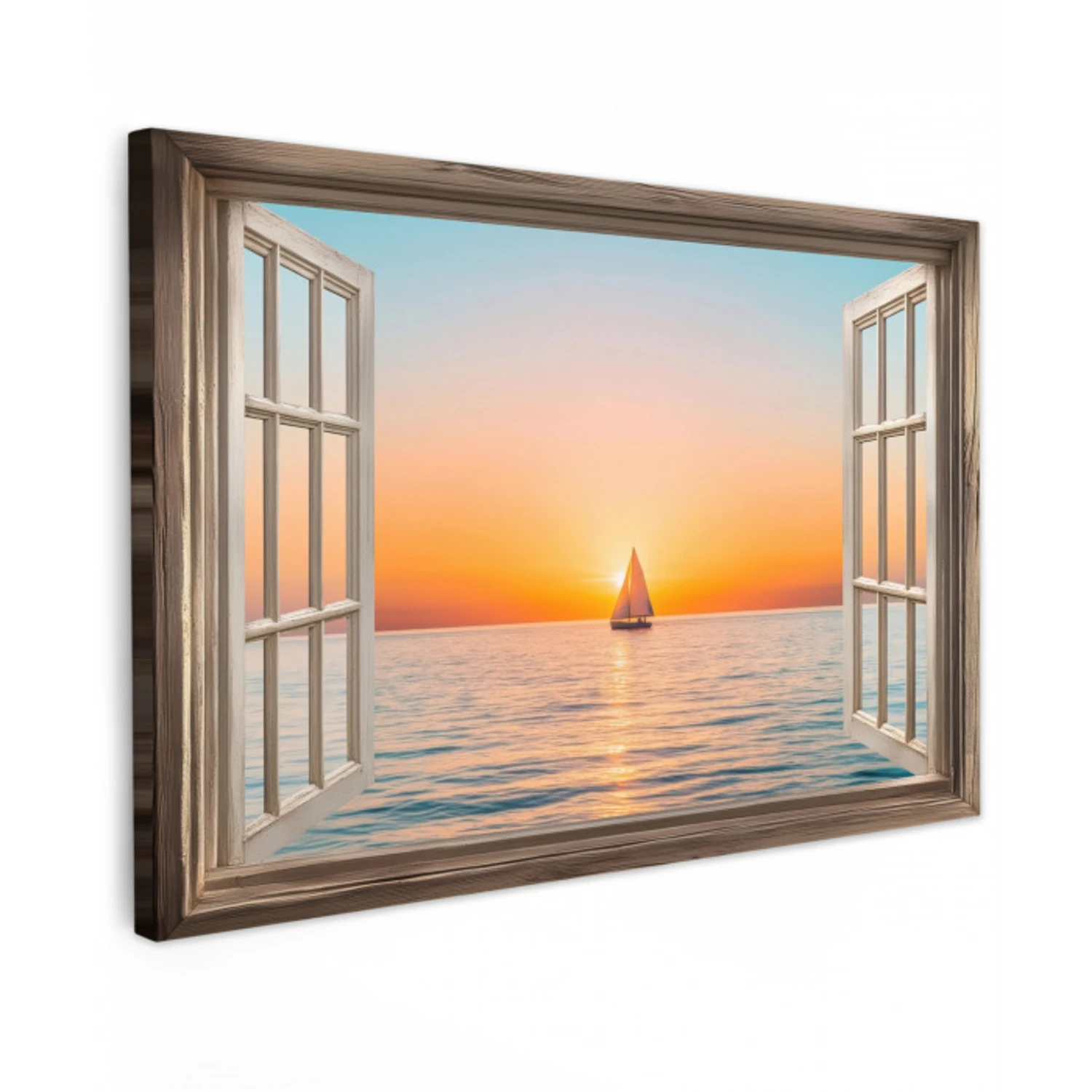 Doorkijk - Zee - Boot - Zonsondergang Tuinposter op houten frame 2 cm dik klein -3d