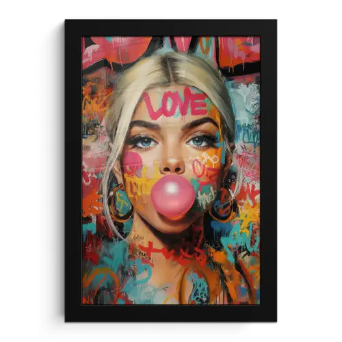 Vrouw - Kauwgom - Graffiti - Love fotolijst zwart zonder passe partout klein -3d