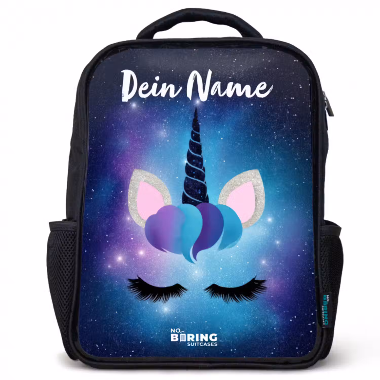 Kinderrucksack mit Namen - Schwarz - Einhorn - Sterne - Blau