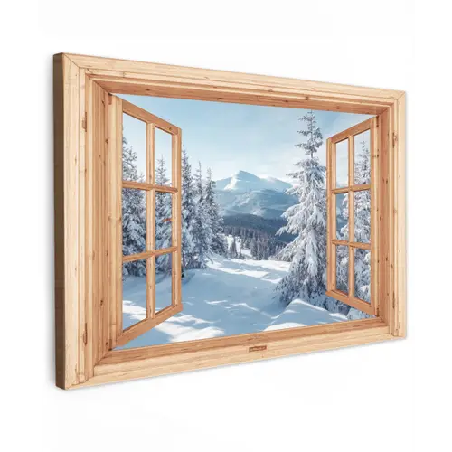 Doorkijk - Winterlandschap - Natuur - Berg - Bomen - Hout Tuinposter op houten frame 2 cm dik klein -3d