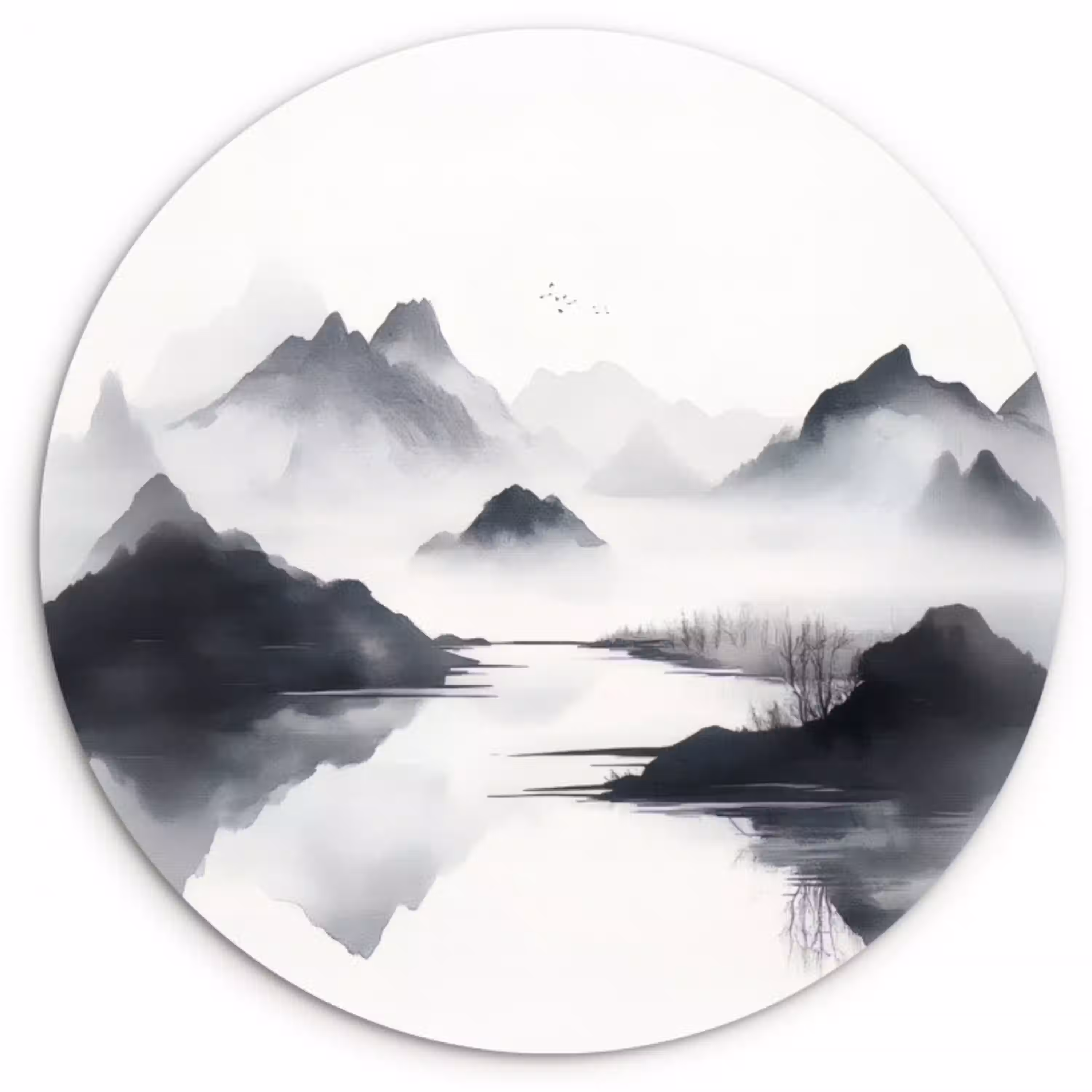 Bergen - Mistig - Water - Wit Wandcirkel plexiglas klein -3d