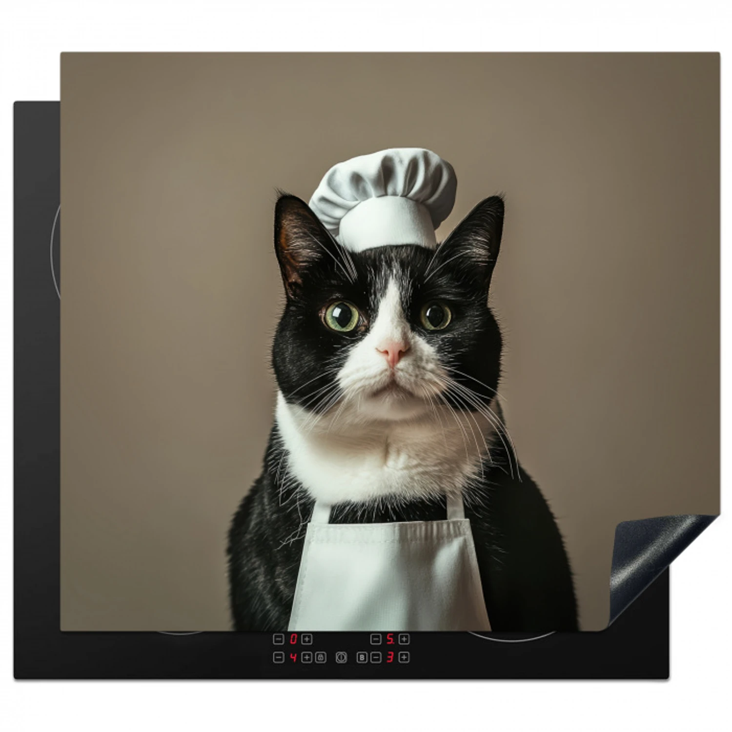 Kat - Kokskleding - Zwart - Wit Inductie beschermer vinyl 3mm middel -3d