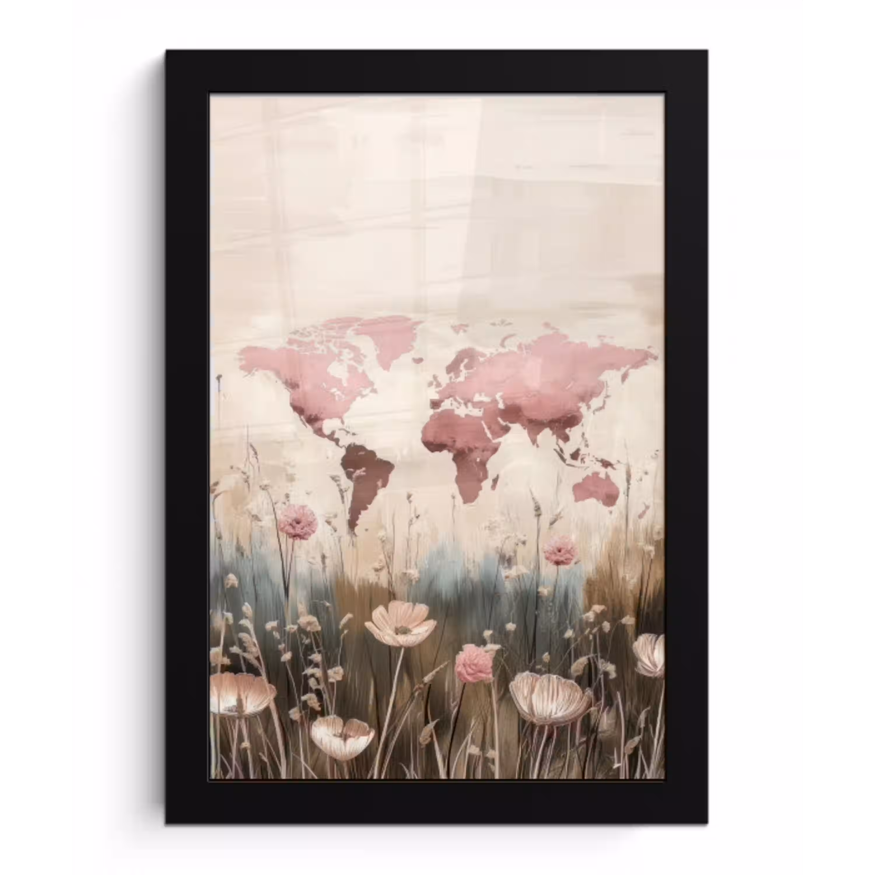 Wereldkaart - Roze - Bloemen fotolijst zwart zonder passe partout klein -3d
