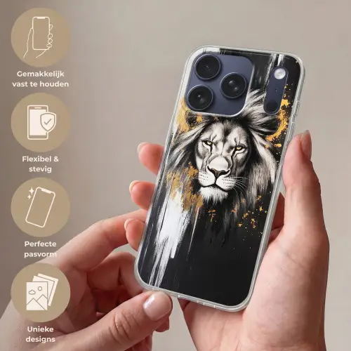 Leeuw - Portret - Verfspatten - Grijs Telefoonhoesje iPhone 17 Pro klein -sfeer3_NL