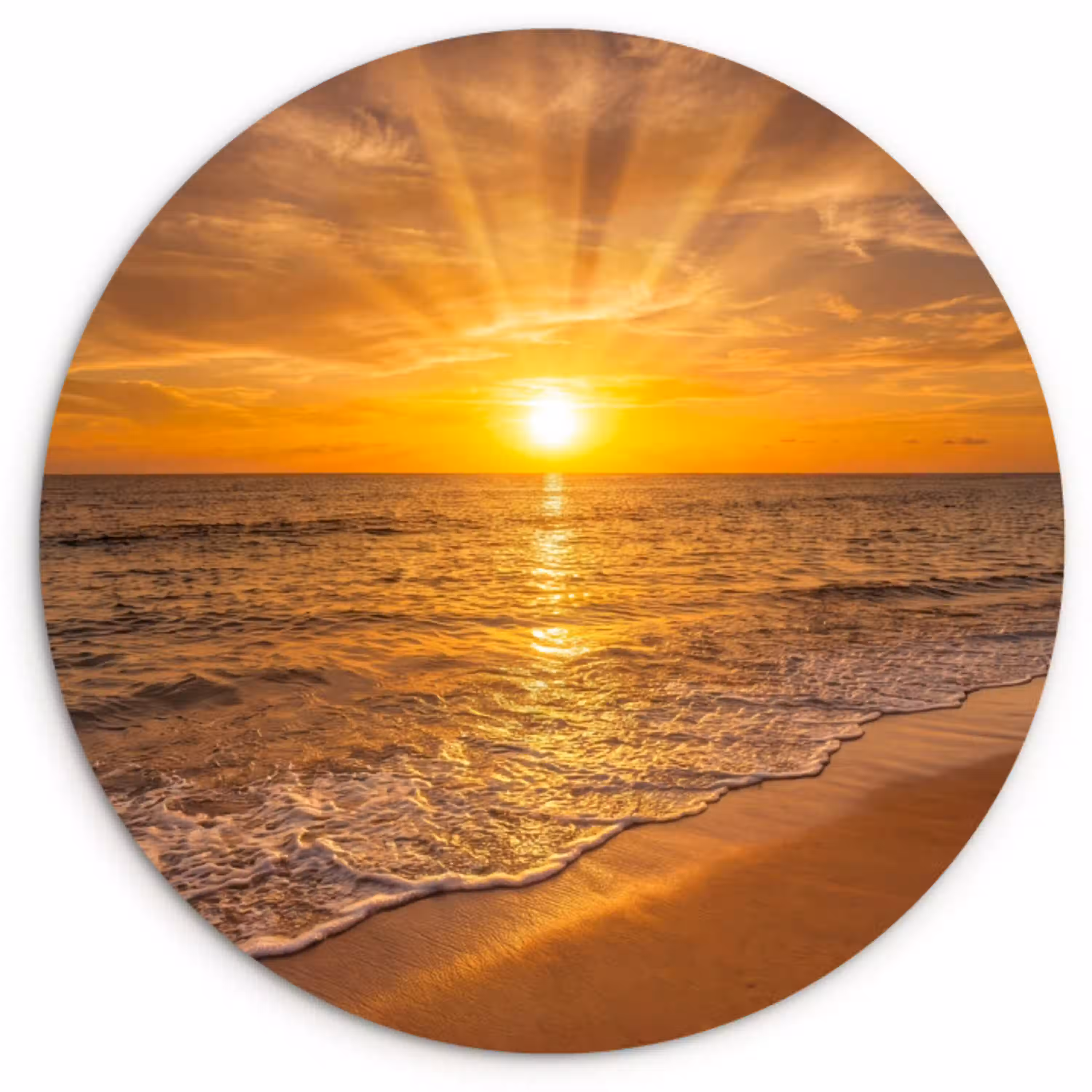 Zee - Zonsondergang - Golven - Kust - Oranje Wandcirkel kunststof plaat 5mm dik klein -3d