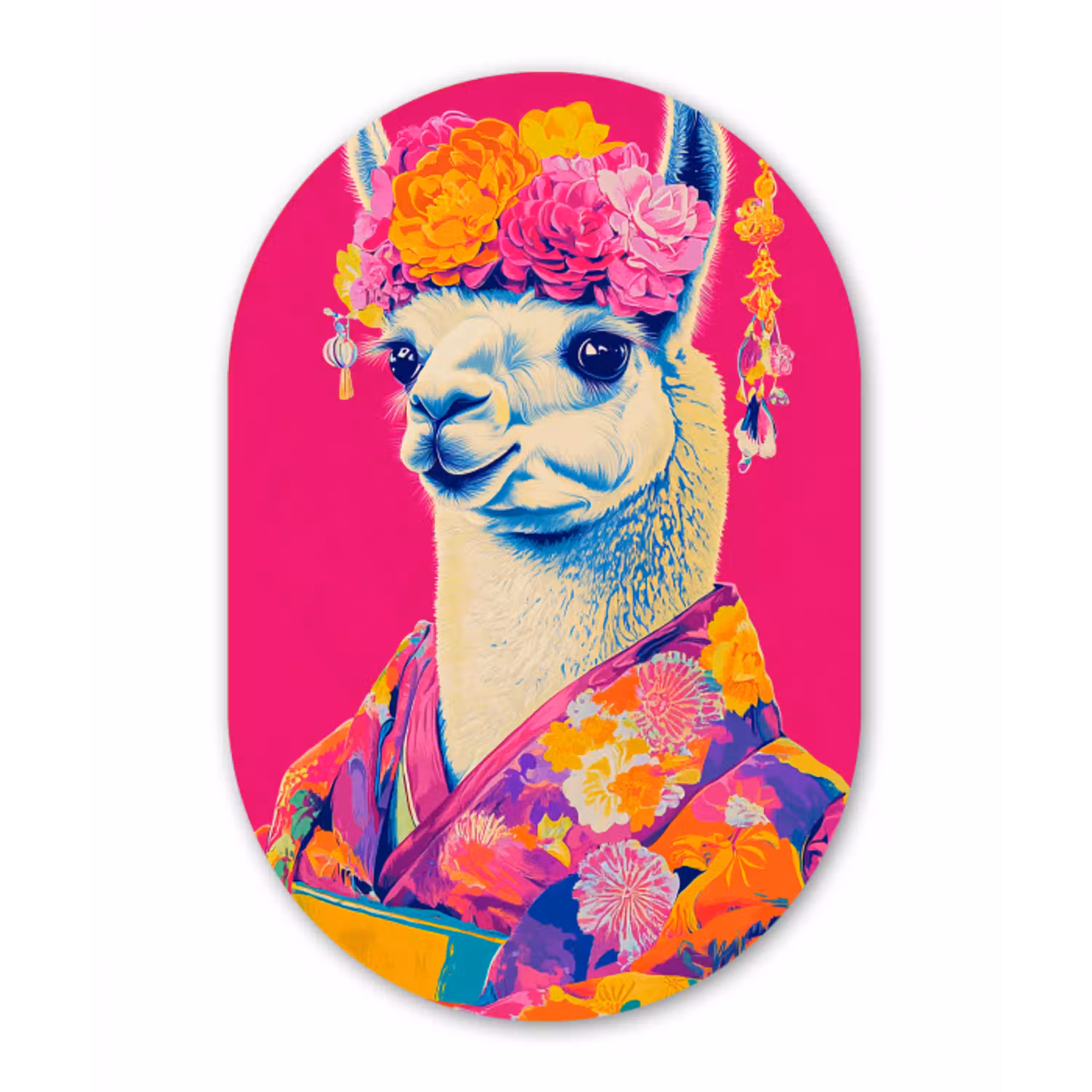 Lama - Kimono - Bloemenkrans - Felroze Wandcirkel Ovaal Aluminium middel -3d