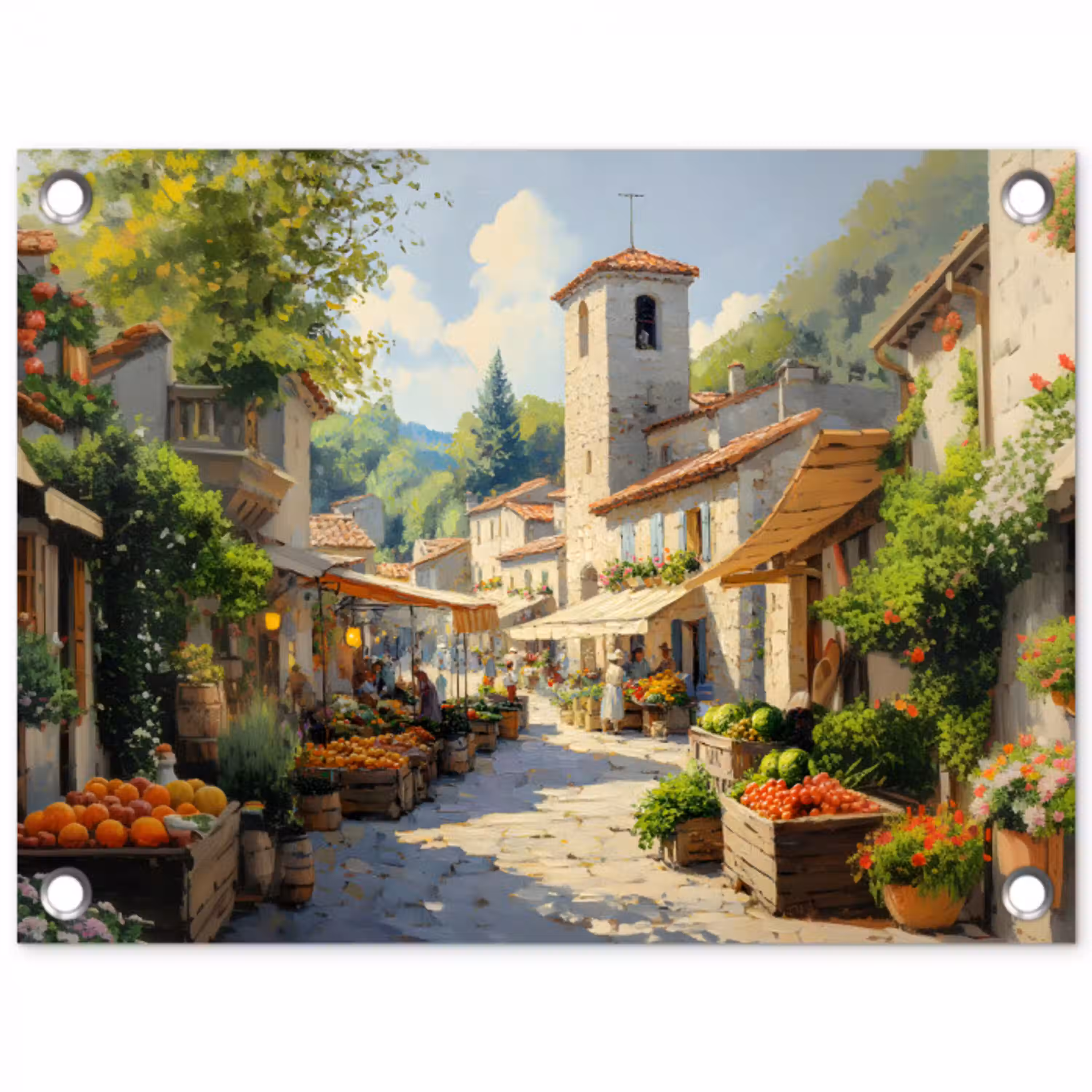 Dorp - Zon - Kraampjes - Huizen tuinposter los doek klein -3d