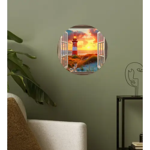 Doorkijk - Raam - Vuurtoren - Zonsondergang - Strand Wandcirkel behangsticker klein -sfeer2