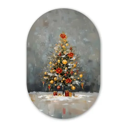 Kerstboom - Cadeaus - Rood - Goud Wandcirkel Ovaal Forex klein -3d