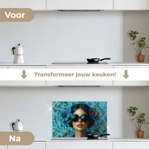 Vrouw - Bloemen - Vlinders - Blauw - Abstract keuken achterwand spatscherm klein -voor_na_NL
