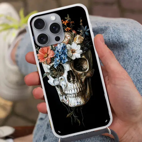 Bloemen - Schedel - Kleurrijk Hoesje iPhone 16 Pro Max met koord klein -sfeer3