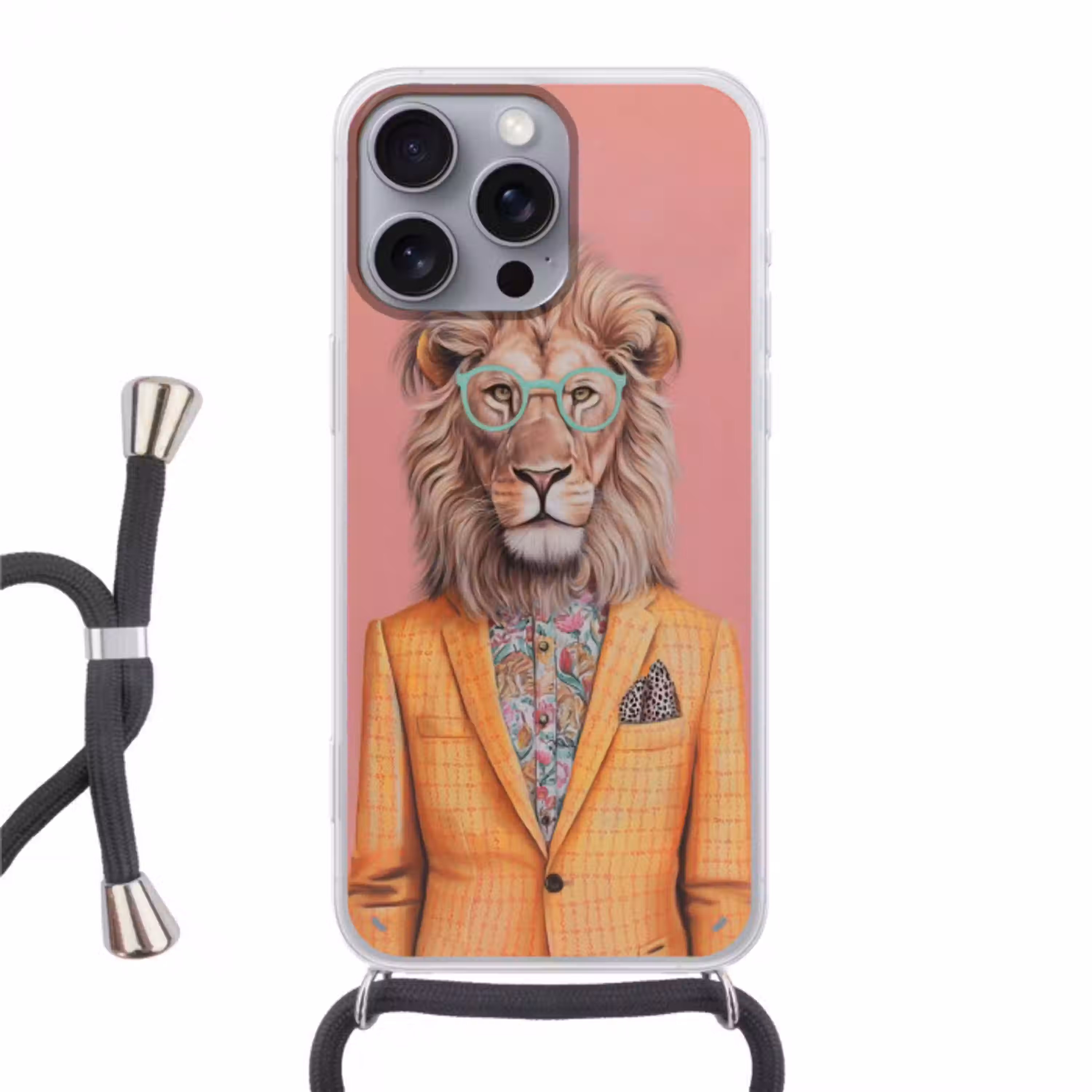 Leeuw - Pak - Geruit - Bril Hoesje iPhone 16 Pro Max met koord klein -3d