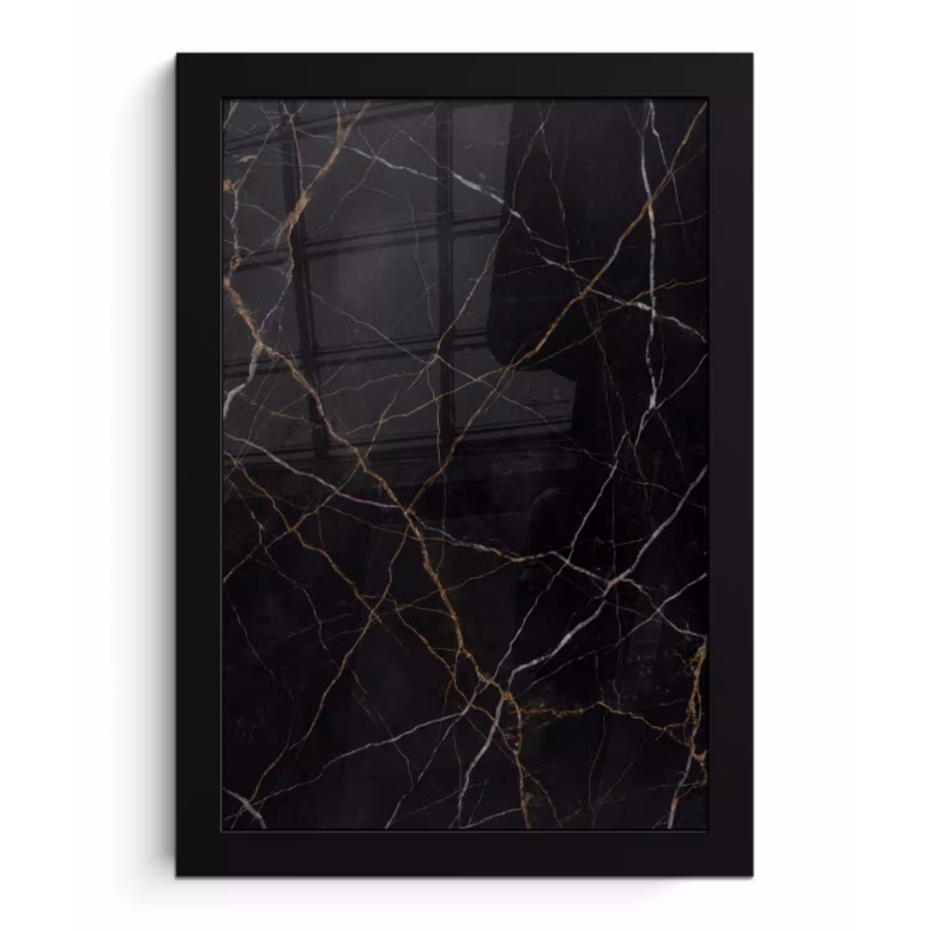 Natuursteen - Marmerpatroon - Abstract - Modern - Zwart - Goud fotolijst zwart zonder passe partout klein -3d