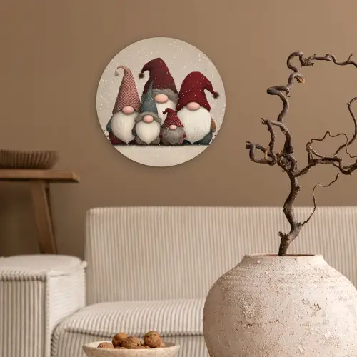 Kabouters - Kerst - Sneeuw - Puntmutsen Wandcirkel kunststof plaat 5mm dik klein -sfeer1